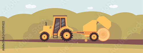 Yellow tractor with round hay baler dropping a rolled cylinder of hay on ground