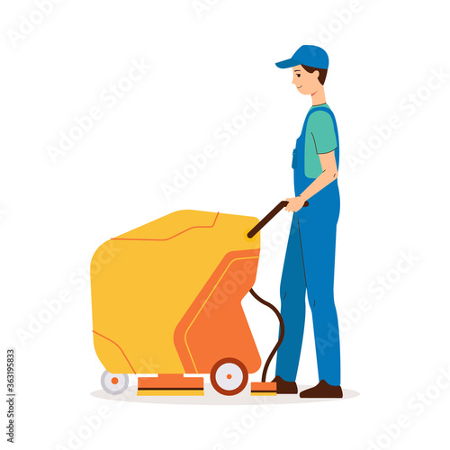 Cleaner man using walk-behind floor scrubber machine for industrial cleaning