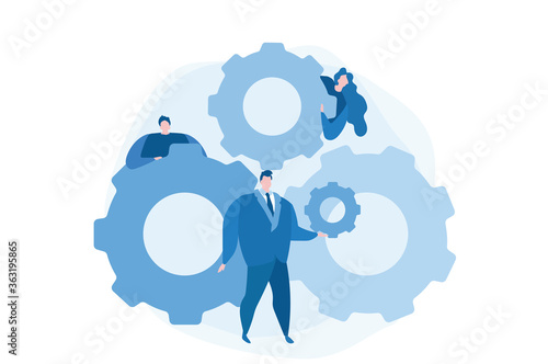 Team building with gear. Career growth. Dedicated team, software development . Vector illustration for web banner, infographics, mobile. 
