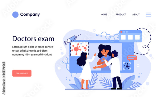 Doctors studying skin disease. Scientists, charts, presentation flat vector illustration. Medical research, dermatology concept for banner, website design or landing web page