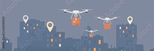 Drone delivery with quadcopters at city background flat vector illustration.