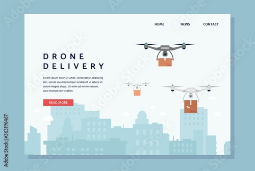 Fast contactless delivery banner template with drone flat vector illustration.