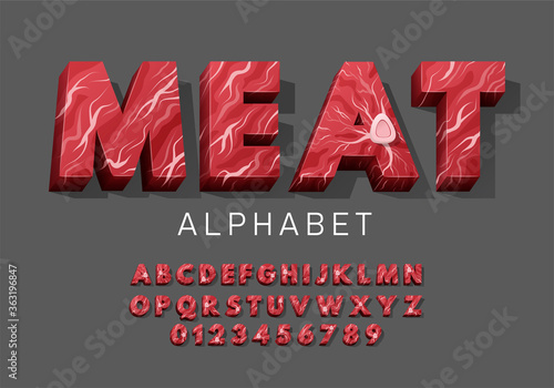 Vector latin meat alphabet. Set of letter and numbers from fresh raw meat with bone. Red tenderloin beef meat font for restaurants, butcher shop, farmers market.