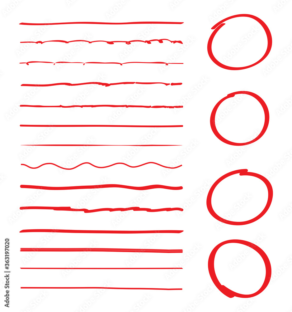 Lines and circles hand drawn vector set isolated on white background. Collection of red doodle lines and circles, hand drawn template. Creative art concept, vector illustration Lines and circles hand drawn vector set isolated on white background. Collection of red doodle lines and circles, hand drawn template. Creative art concept, vector illustration