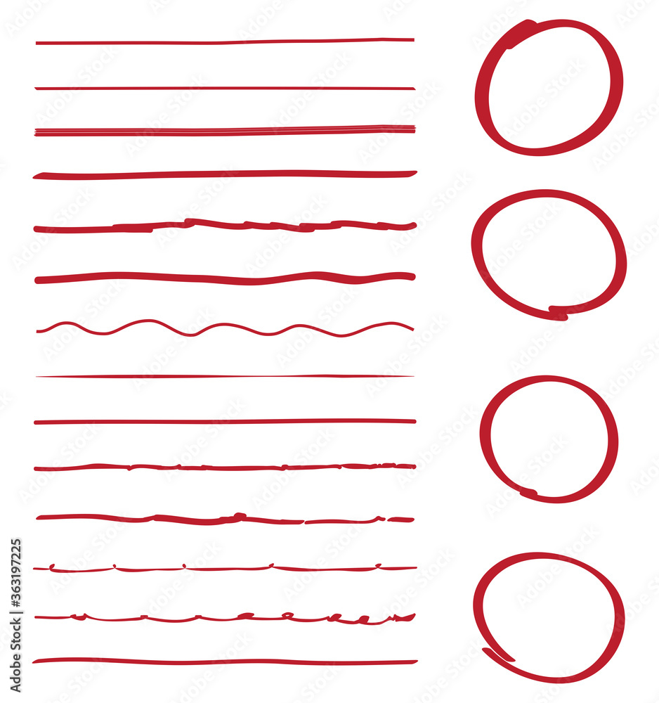 Lines and circles hand drawn vector set isolated on white background. Collection of red doodle lines and circles, hand drawn template. Creative art concept, vector illustration Lines and circles hand drawn vector set isolated on white background. Collection of red doodle lines and circles, hand drawn template. Creative art concept, vector illustration