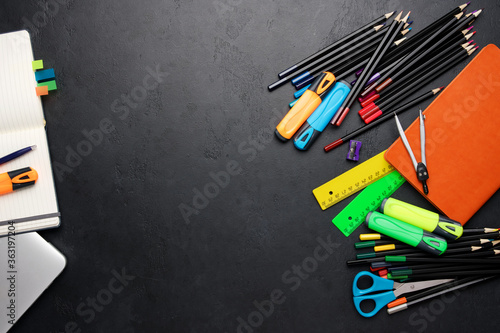 Multicolored stationery for creativity and work on white background. Back to school concept