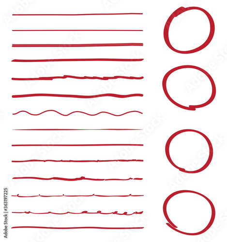 Lines and circles hand drawn vector set isolated on white background. Collection of red doodle lines and circles, hand drawn template. Creative art concept, vector illustration 