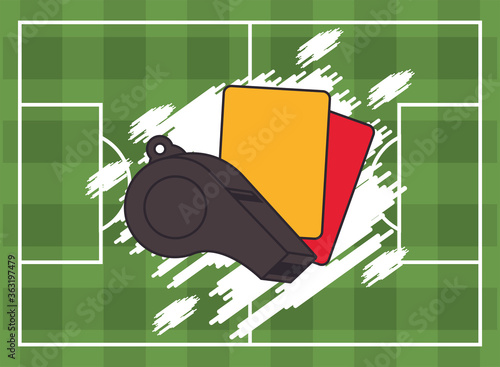 football soccer sport poster with referee cards and whistle