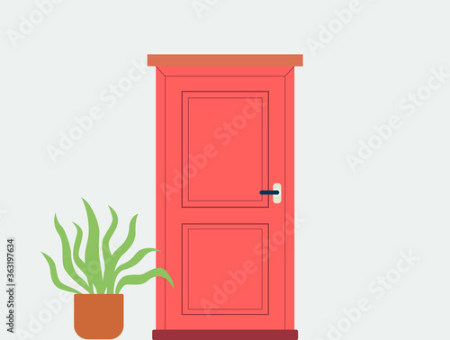 House front with red door and plant in pot flat cartoon vector illustration.