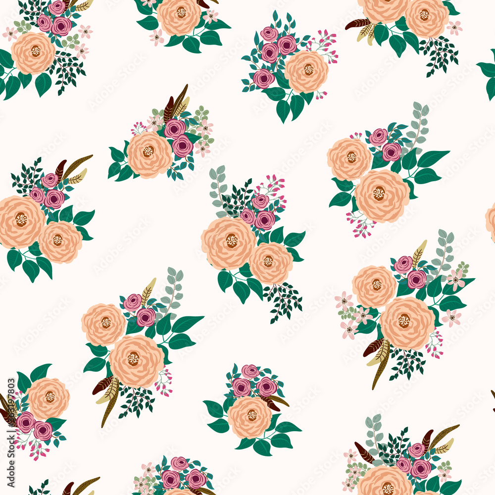 Obraz premium Boho seamless floral pattern with feathers, roses, daisy, marguerite, green and silver twigs. Folk style millefleurs. Plant background for textile, wallpaper, pattern fills, covers, surface, print