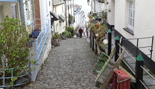The steep, cobbled street descending to the fishing harbour at Clovelly in Devon, England. © Wendy