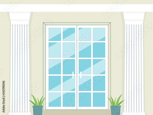 Entrance or balcony glass doors and white columns flat vector illustration.