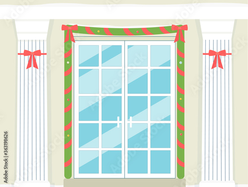 Holiday doorway with marble columns and garland card flat vector illustration.