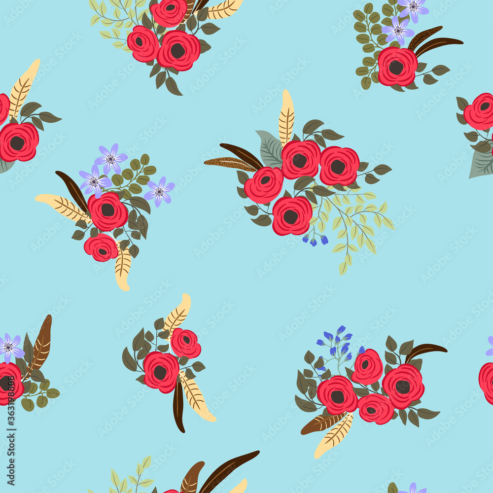 Boho seamless floral pattern with feathers, roses, daisy, marguerite, green and silver twigs. Folk style millefleurs. Plant background for textile, wallpaper, pattern fills, covers, surface, print Boho seamless floral pattern with feathers, roses, daisy, marguerite, green and silver twigs. Folk style millefleurs. Plant background for textile, wallpaper, pattern fills, covers, surface, print