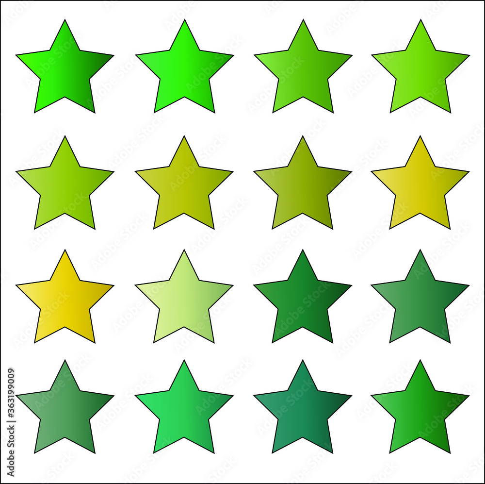 16 bright foliage nature green solid colored star vector icon set on white background. Outdoors, summer, spring and nature concepts. 16 bright foliage nature green solid colored star vector icon set on white background. Outdoors, summer, spring and nature concepts.