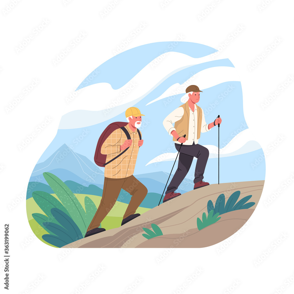 Elderly couple spends time outdoors.Vector illustration of cartoon happy senior man and woman hiking in mountains with backpack and walking poles. Isolated on background Elderly couple spends time outdoors.Vector illustration of cartoon happy senior man and woman hiking in mountains with backpack and walking poles. Isolated on background