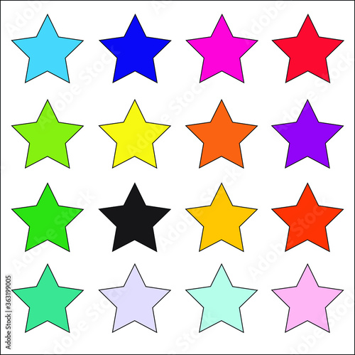 16 bright vibrant solid colored star vector icon set on white background. Education  exciting  birthday concepts. 