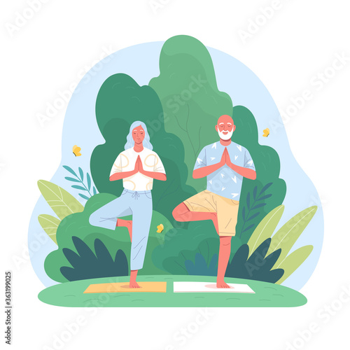 Elderly couple spends time outdoors.Vector illustration of cartoon happy senior man and woman doing yoga balance exercises  in summer park. Isolated on background