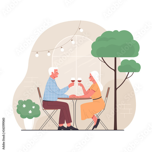 Elderly couple spends time outdoors.Vector illustration of cartoon happy senior man and woman sitting at the restaurant terrace with glasses of wine. Isolated on background