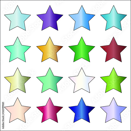 16 gem vibrant solid colored star vector icon set on white background.  