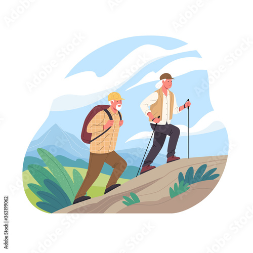 Elderly couple spends time outdoors.Vector illustration of cartoon happy senior man and woman hiking in mountains with backpack and walking poles. Isolated on background