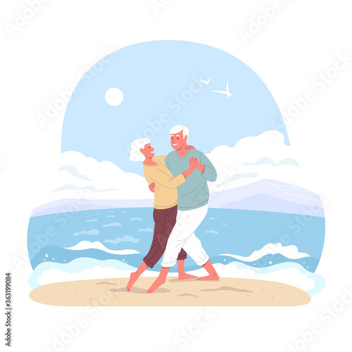 Elderly couple spends time outdoors.Vector illustration of cartoon happy senior man and woman dancing by the sea. Isolated on background