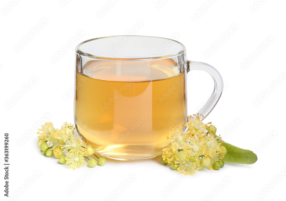 Cup of tea and linden blossom on white background Cup of tea and linden blossom on white background