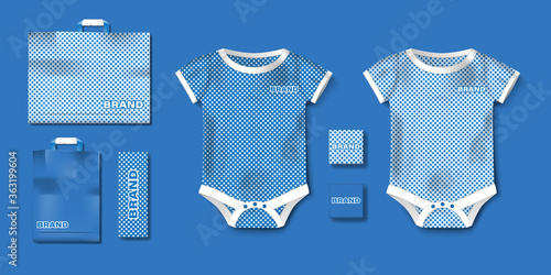 Realistic blue baby bodysuit template isolated. Bodysuit, baby shirt mockup for boy newborn. Branding set of clothes and packaging for kids shop. Vector illustration