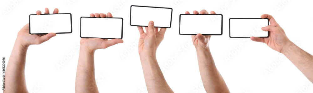Set of various views hands with mobile horizontal isolated - obrazy, fototapety, plakaty 