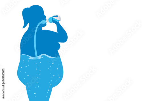 Silhouette of fat women drinking water from bottle flow into the body. Concept Illustration about reduce fat with clean water.