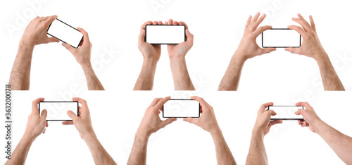 Set of hands picking up phone for multimedia and games