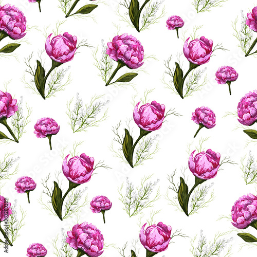 seamless pattern of decorative flowers and leaves. summer Wallpaper of pink peonies in a realistic style. vector pattern for printing, textiles, and paper.
