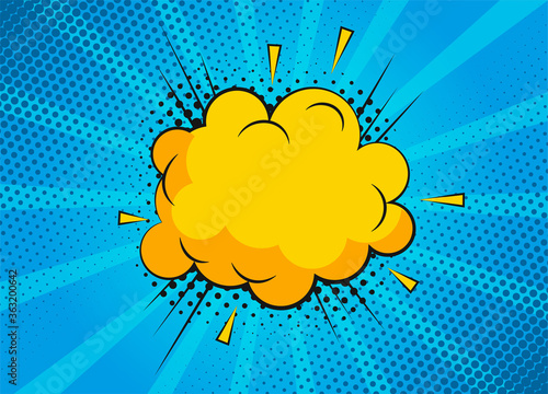 Cartoon superhero bubble dialog scenes on blue background. Vector funny comics scrapbook page with cloud and speech bubble. Comic page layout. Symbols and sound effects.