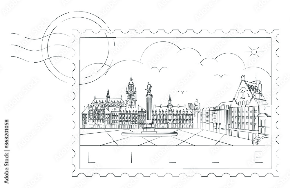 Lille urban stamp, vector illustration and typography design, France