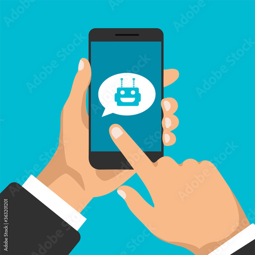 Chatbot concept. Chatting between robot and human. Smartphone with robot avatar. Modern design of messaging bubbles and dialog boxes. Vector illustration. in a trendy flat style.	