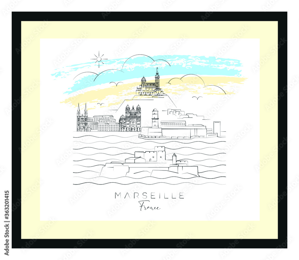 Marseille skyline poster, vector illustration and typography design, France
