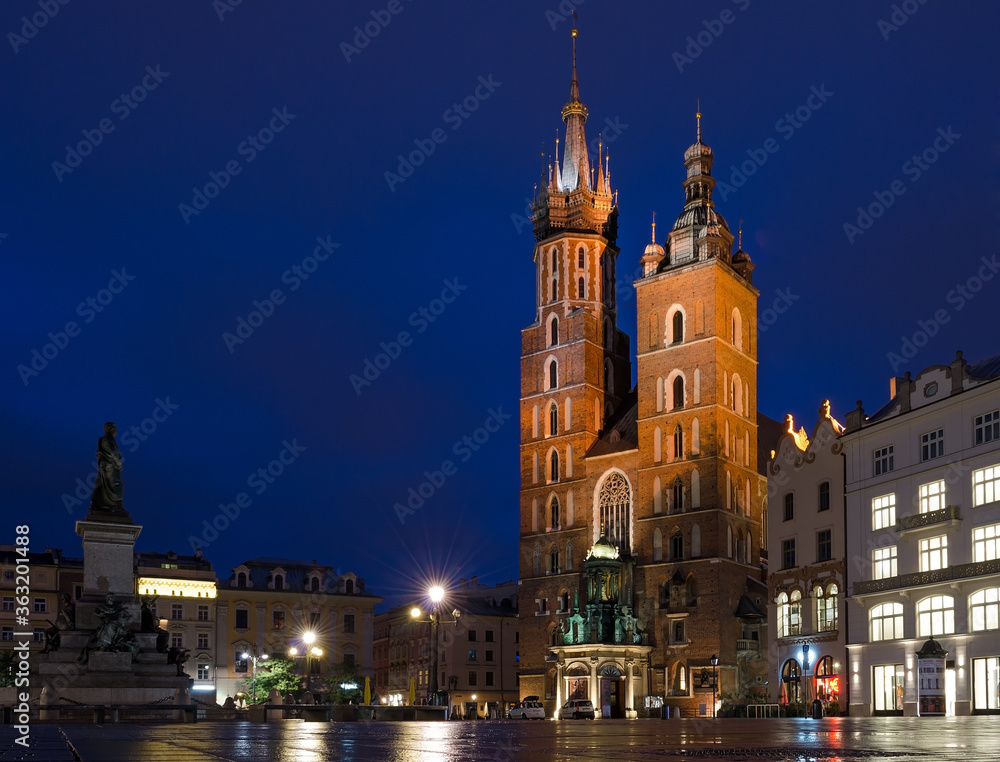 Krakow Market Square empty at Blue Hour with the Basilica and monument