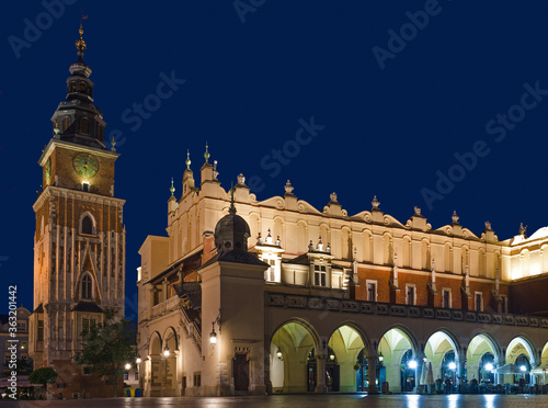 The Cloth Hall and Clock tower in Krakow's Old Town Market Square, Poland