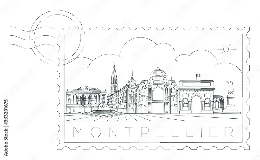 Montpellier urban stamp, poster, vector illustration and typography design, France