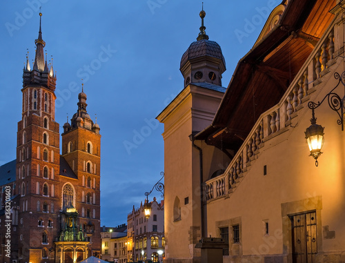 Cloth Hall and Town Hall Tower illuminated at sunrise - Krakow, Poland