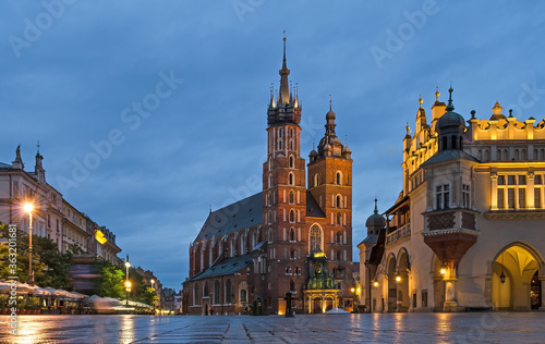 Cloth Hall and Town Hall Tower illuminated at sunrise - Krakow  Poland