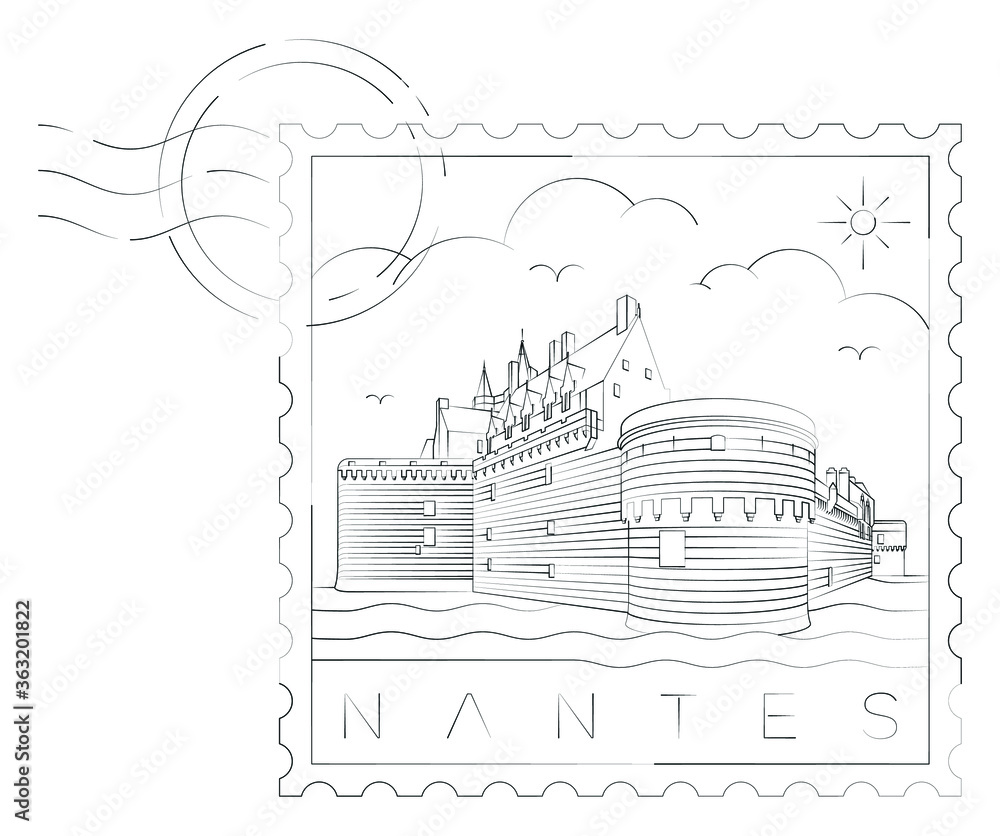 Nantes urban stamp, vector illustration and typography design, castle of the dukes of brittany or chateau des ducs de bretagne, France