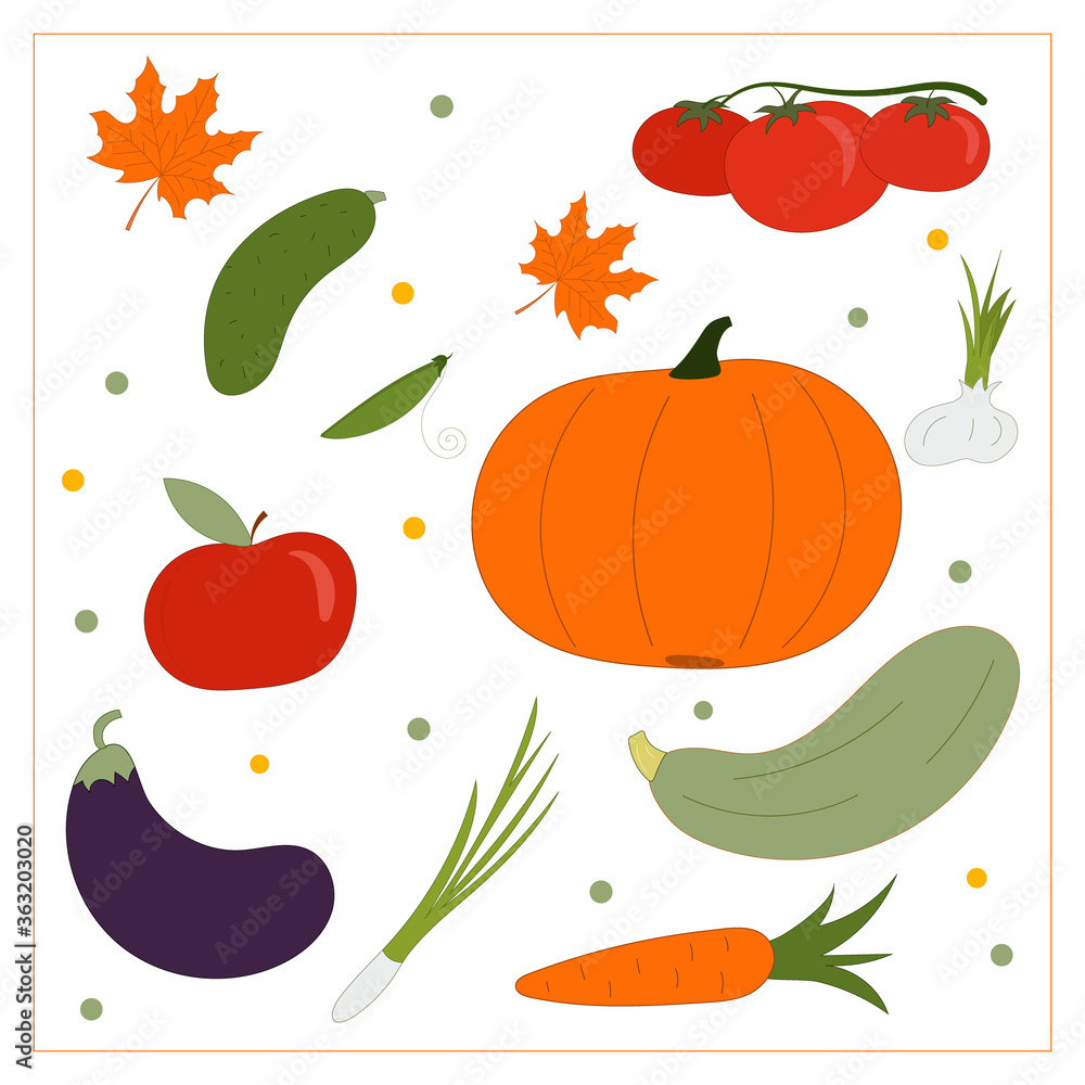 Vector set of vegetables with orange maple leaves Vector set of vegetables with orange maple leaves
