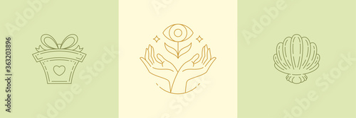 Vector line decoration design elements set - eye and gesture hands illustrations simple linear style