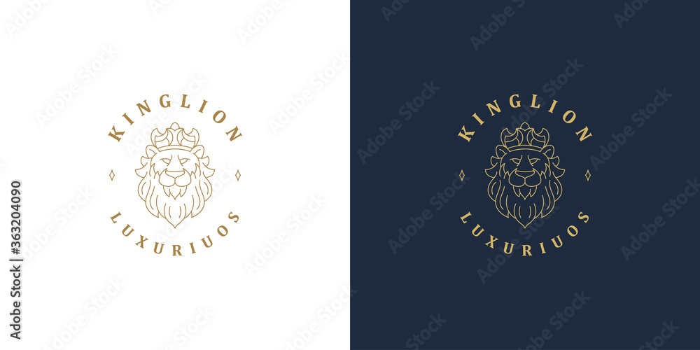 Fototapeta premium Lion head with crown line symbol vector logo emblem design template illustration simple linear style