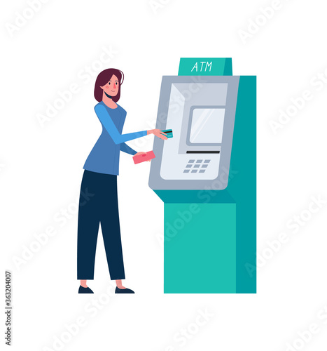Woman withdraws money through an ATM. Replenishment of a bank card in cash. The girl holds a wallet and inserts a credit card into an ATM. Banking operations, illustration in flat style, isolated.
