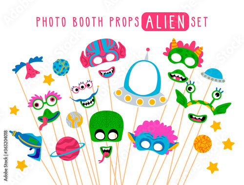 Collection of photo booth props for kids alien party. Cute vector cartoon masks and elements for funny photos.
