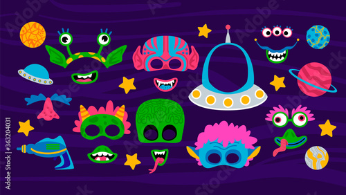 Collection of photo booth props for kids alien party. Cute vector cartoon masks and elements for funny photos. 