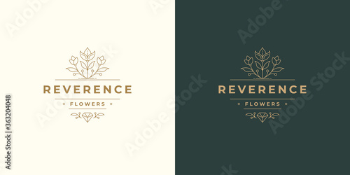Flower line and branch with leaves vector logo emblem design template illustration simple minimal linear style.