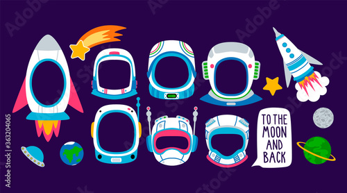 Collection of photo booth props for kids cosmonaut party. Cute vector cartoon helmets and other space elements for funny photos.
